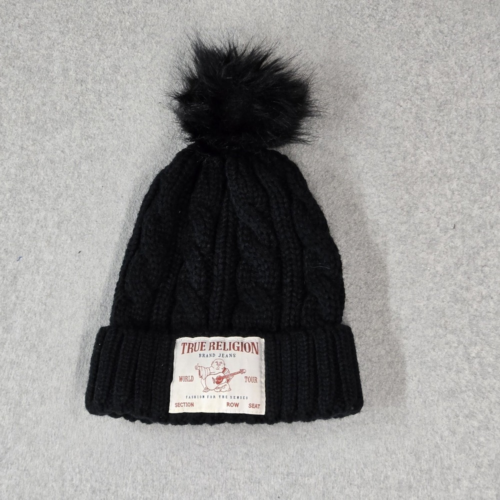True Religion OS Beanie Black Pom Pom Cable Knit Logo Patch Cuffed